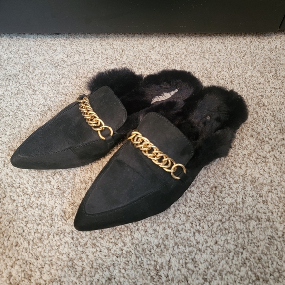 Esprit Shoes - Black and Gold Fur Esprit Mules